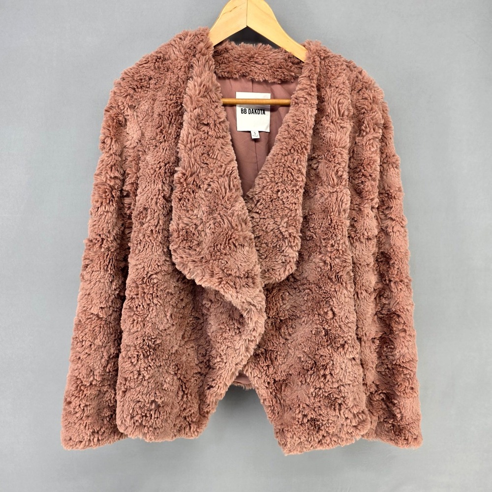 BB Dakota Faux Fur Jacket Womens Size S Mauve Teddy Draped Shawl Collar BK302287
